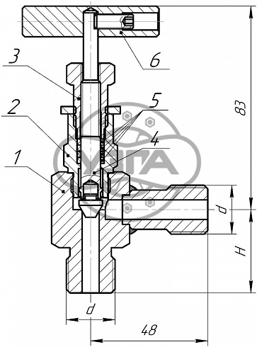 Клапан угловой запорный цапковый Dn6 Pn25 12Х18Н10Т 15нж13бк